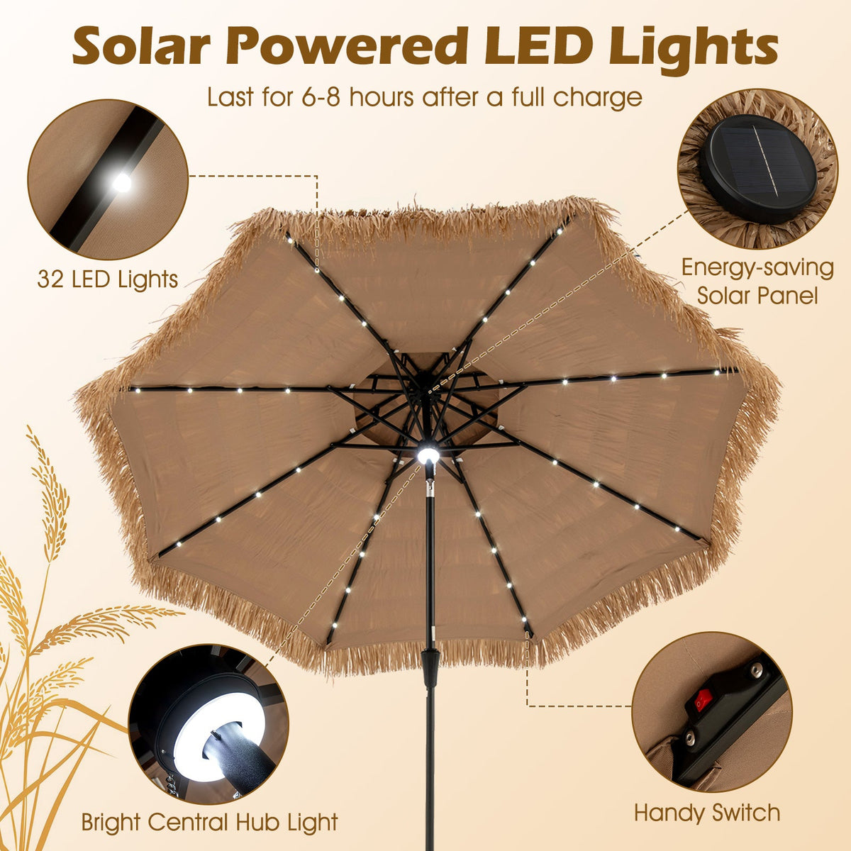 10 Feet Hawaiian Style Solar Lighted Thatched Tiki Patio Umbrella