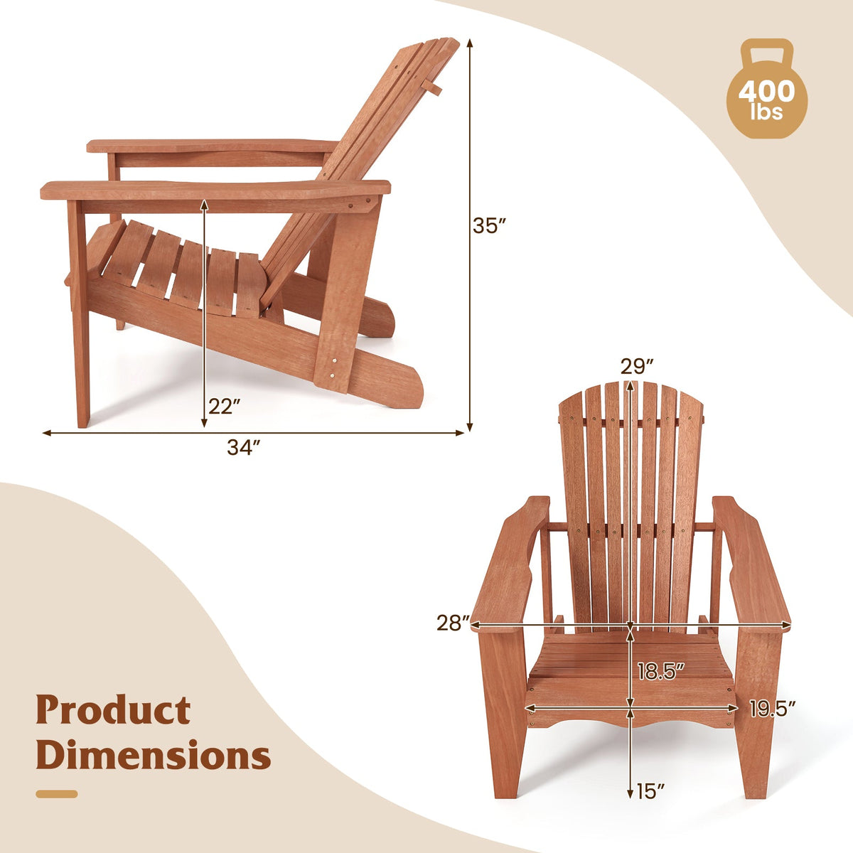 Solid Wood Adirondack Chair with High  Backrest and Wide Armrests