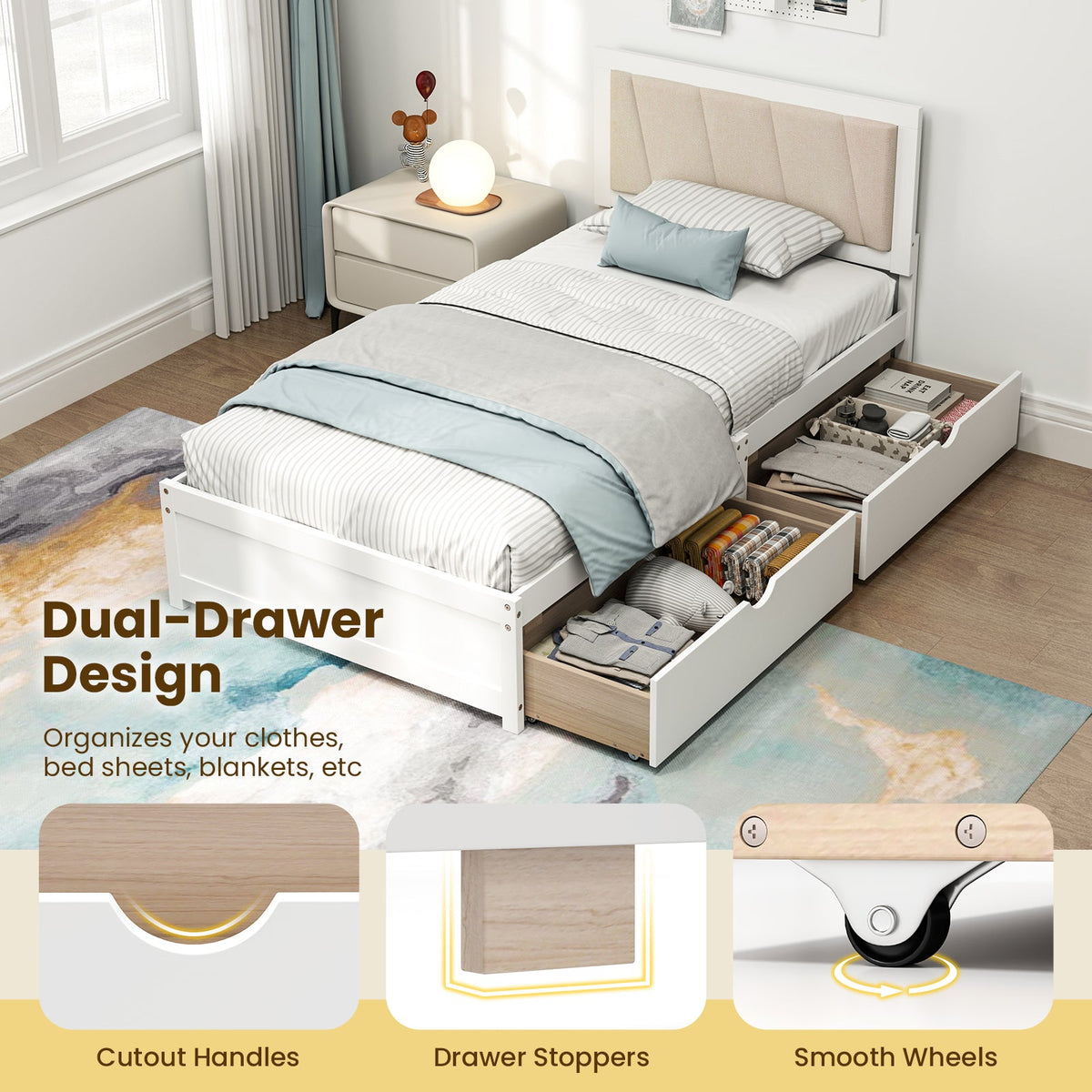 Solid Wood Structure Bed Frame with 2 Drawers Upholstered Headboard-Twin Size