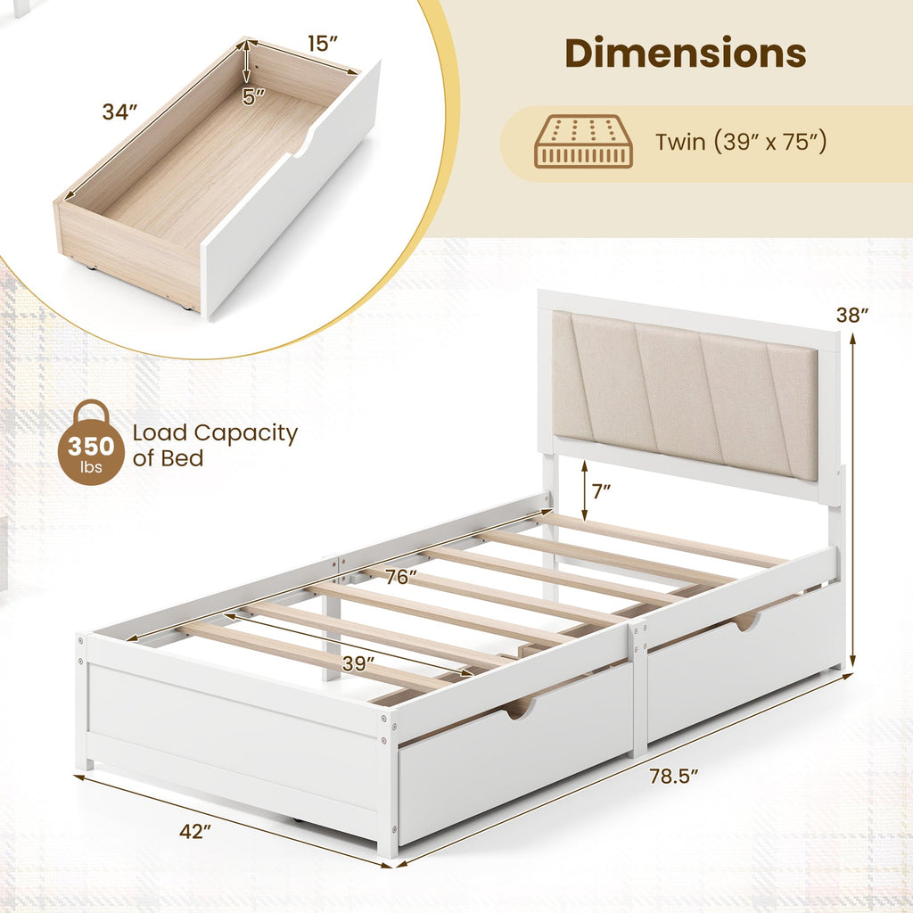 Solid Wood Structure Bed Frame with 2 Drawers Upholstered Headboard-Twin Size