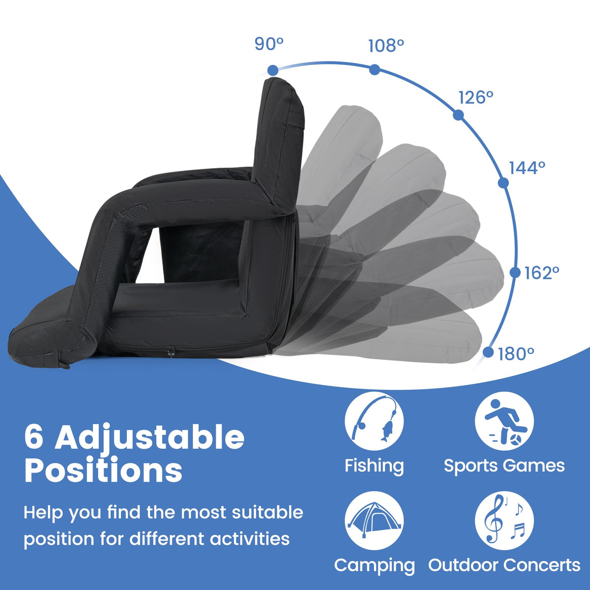 Stadium Seat for Bleachers with Back Support 6 Adjustable Positions-Black
