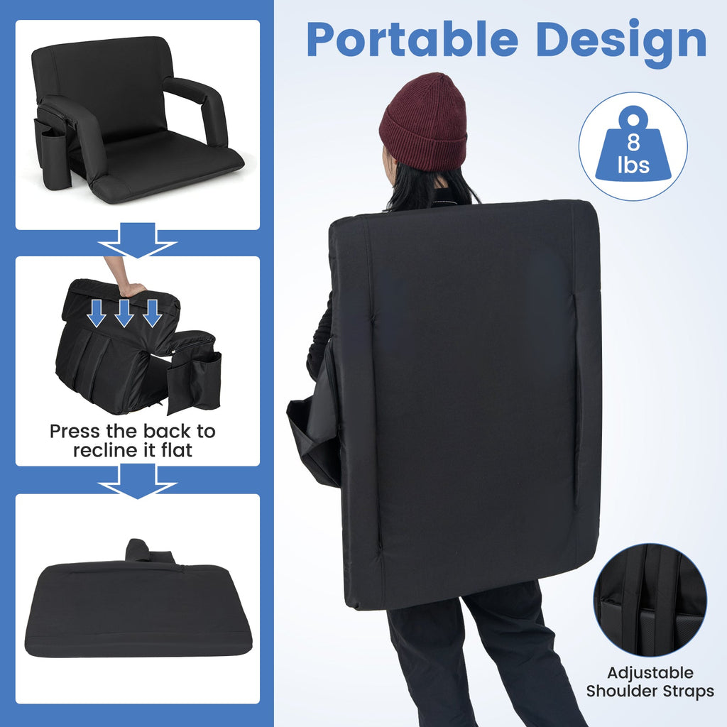 Stadium Seat for Bleachers with Back Support 6 Adjustable Positions-Black