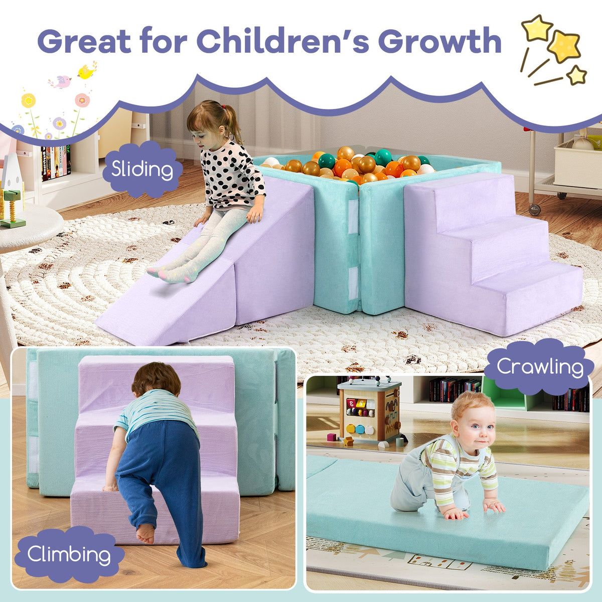 3-in-1 Suede Fabric Soft Play Set Foam Climbing Blocks for Toddlers-Purple
