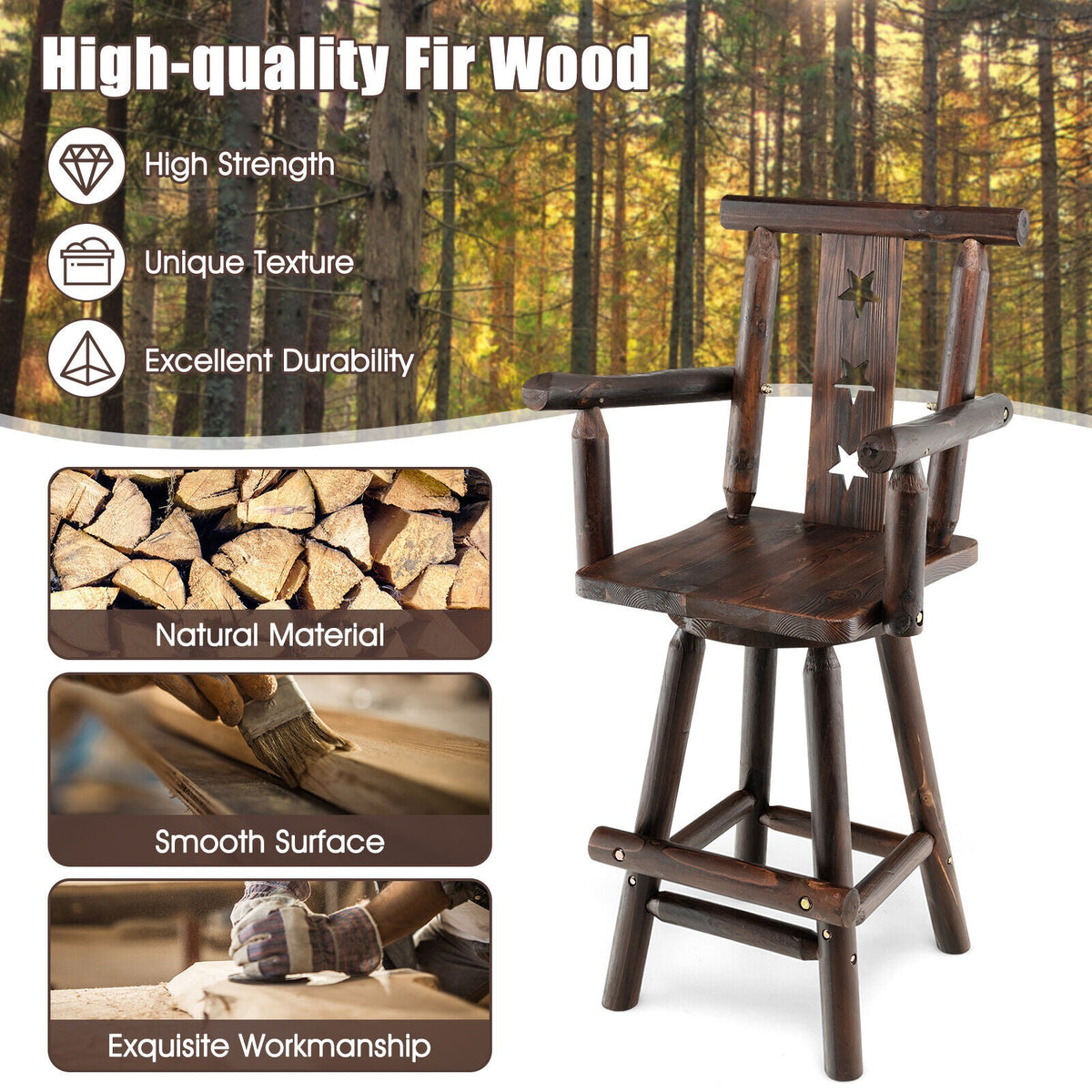 29 Inch Wooden Swivel Bar Stool with Footrest Backrest Armrest-Brown
