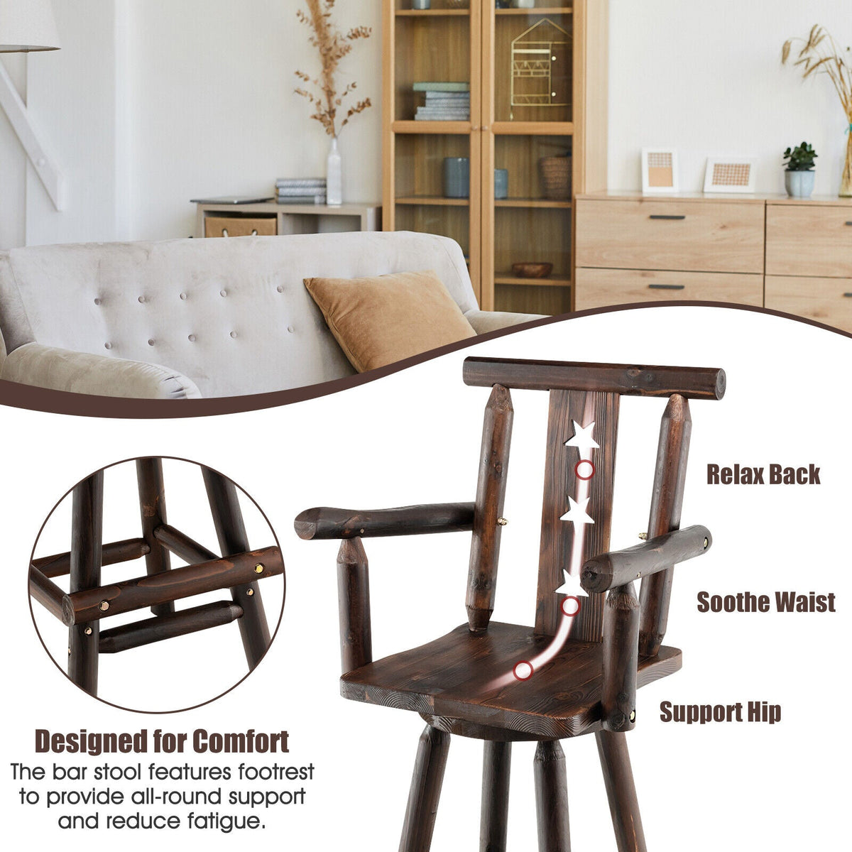 29 Inch Wooden Swivel Bar Stool with Footrest Backrest Armrest-Brown