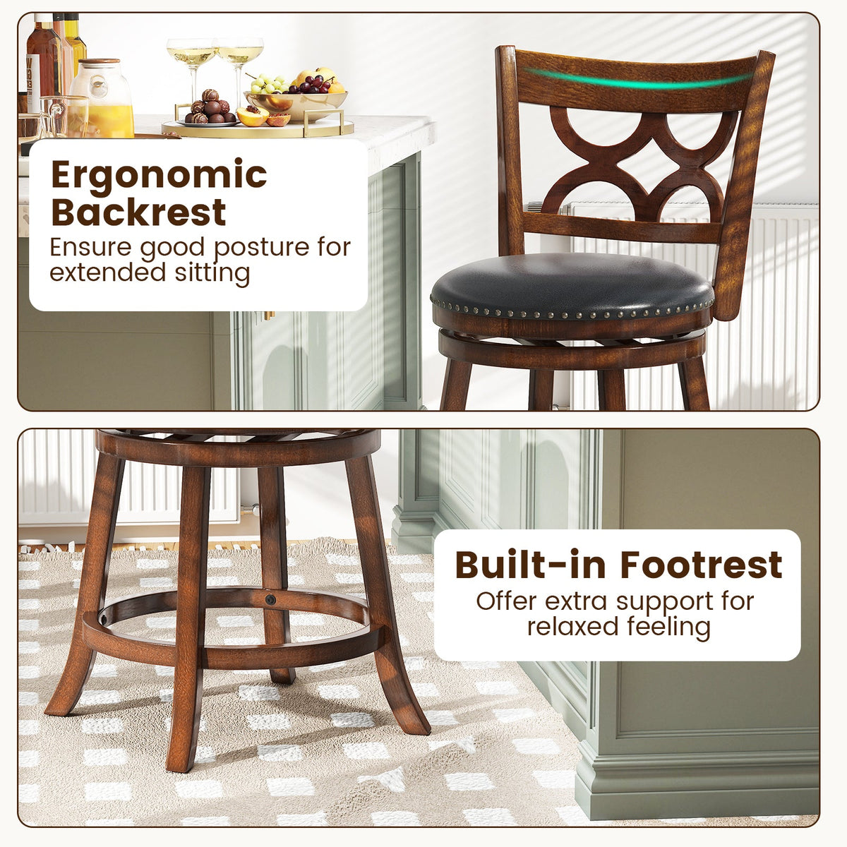 Swivel Bar Stools Set of 2 with High Backrest and Wood Frame