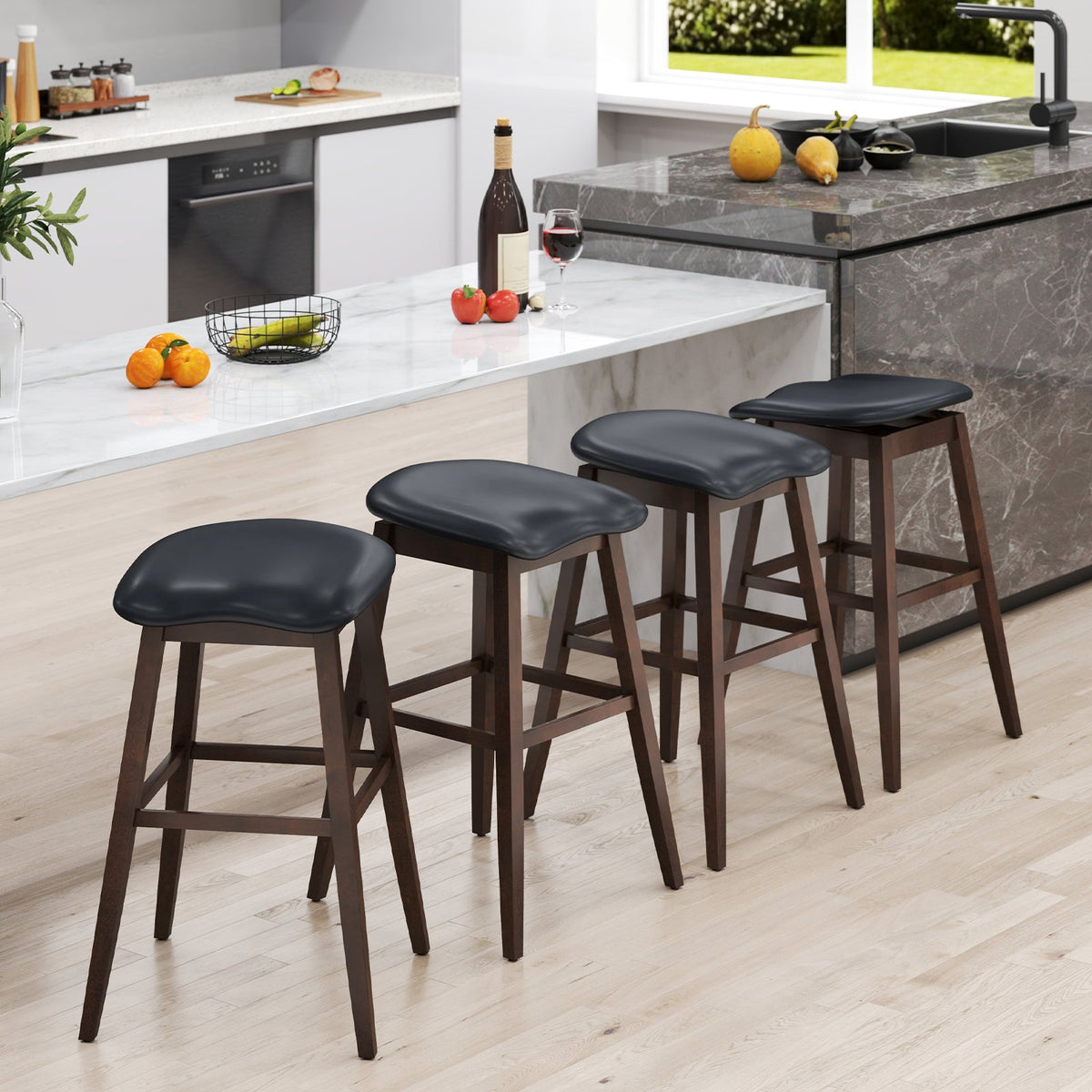 Swivel Bar Stools Set of 2 with Padded Contoured Seat and Footrest-Black & Brown
