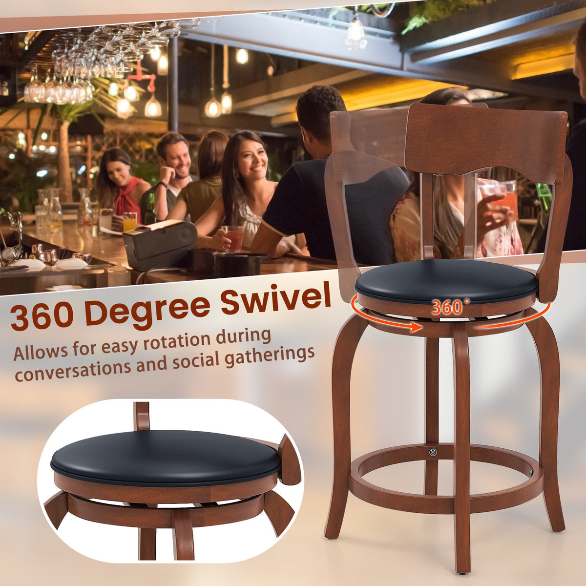 Swivel Bar Stools Set of 2 with Rubber Wood Frame and Upholstered Seat