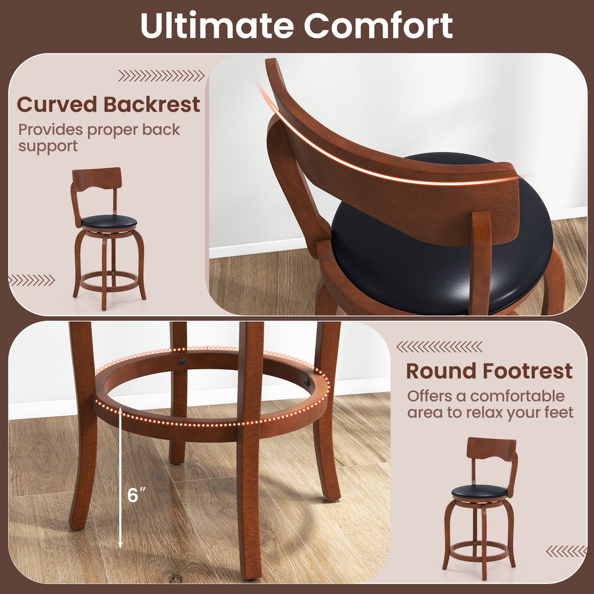 Swivel Bar Stools Set of 2 with Rubber Wood Frame and Upholstered Seat