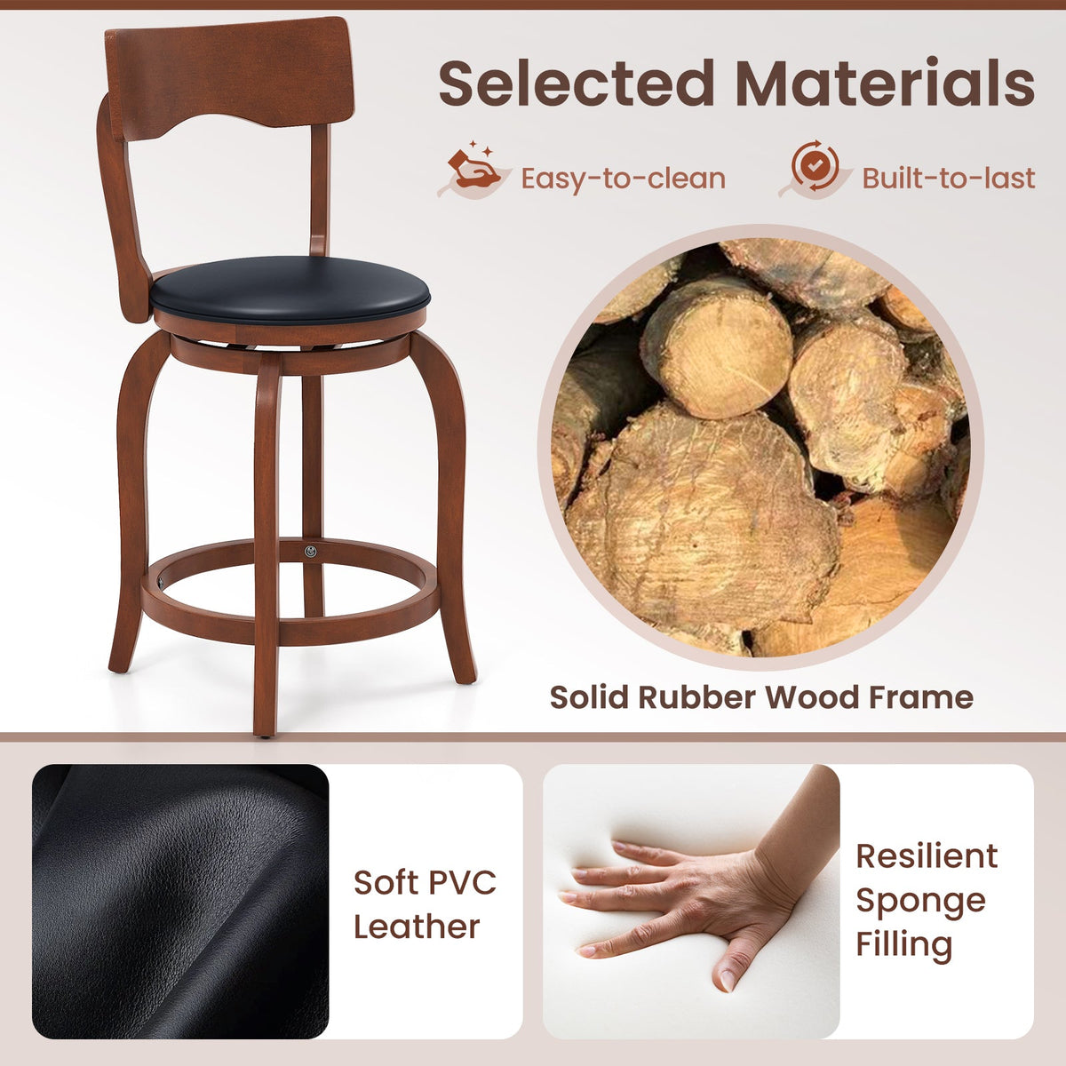 Swivel Bar Stools Set of 2 with Rubber Wood Frame and Upholstered Seat