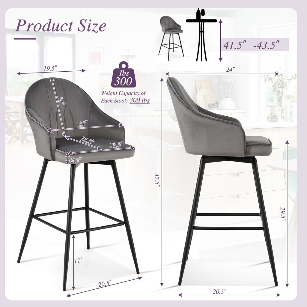 2 Pieces 29.5 Inch Pub Height Swivel Velvet Bar Stools with Metal Legs-Gray