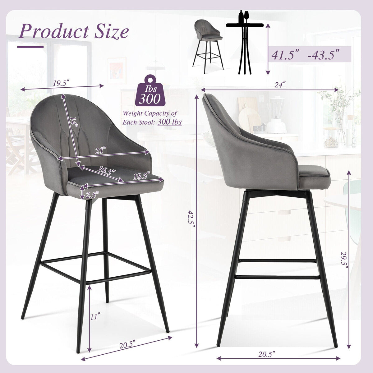 2 Pieces 29.5 Inch Pub Height Swivel Velvet Bar Stools with Metal Legs-Gray