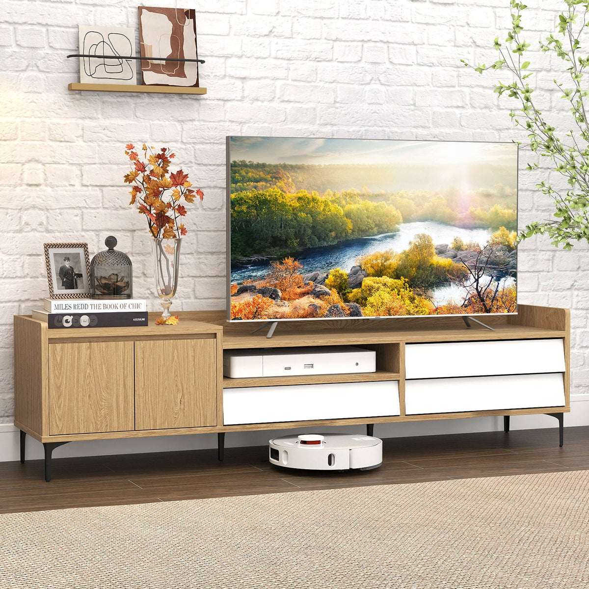 TV Stand for TVs up to 80 Inch Mid Century Modern Entertainment Center with Storage Cabinet-Natural