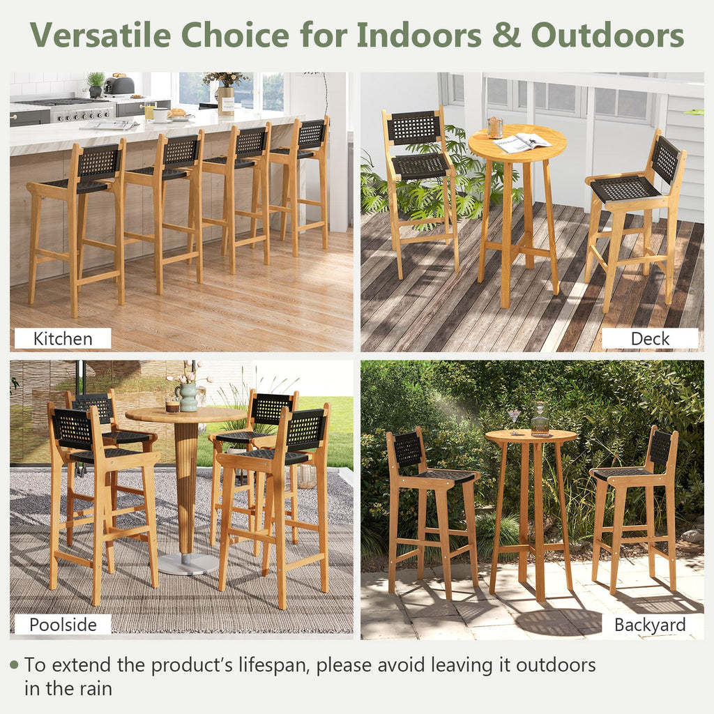 30 Inch Rattan Teak Wood Bar Stool with Backrest and Footrest