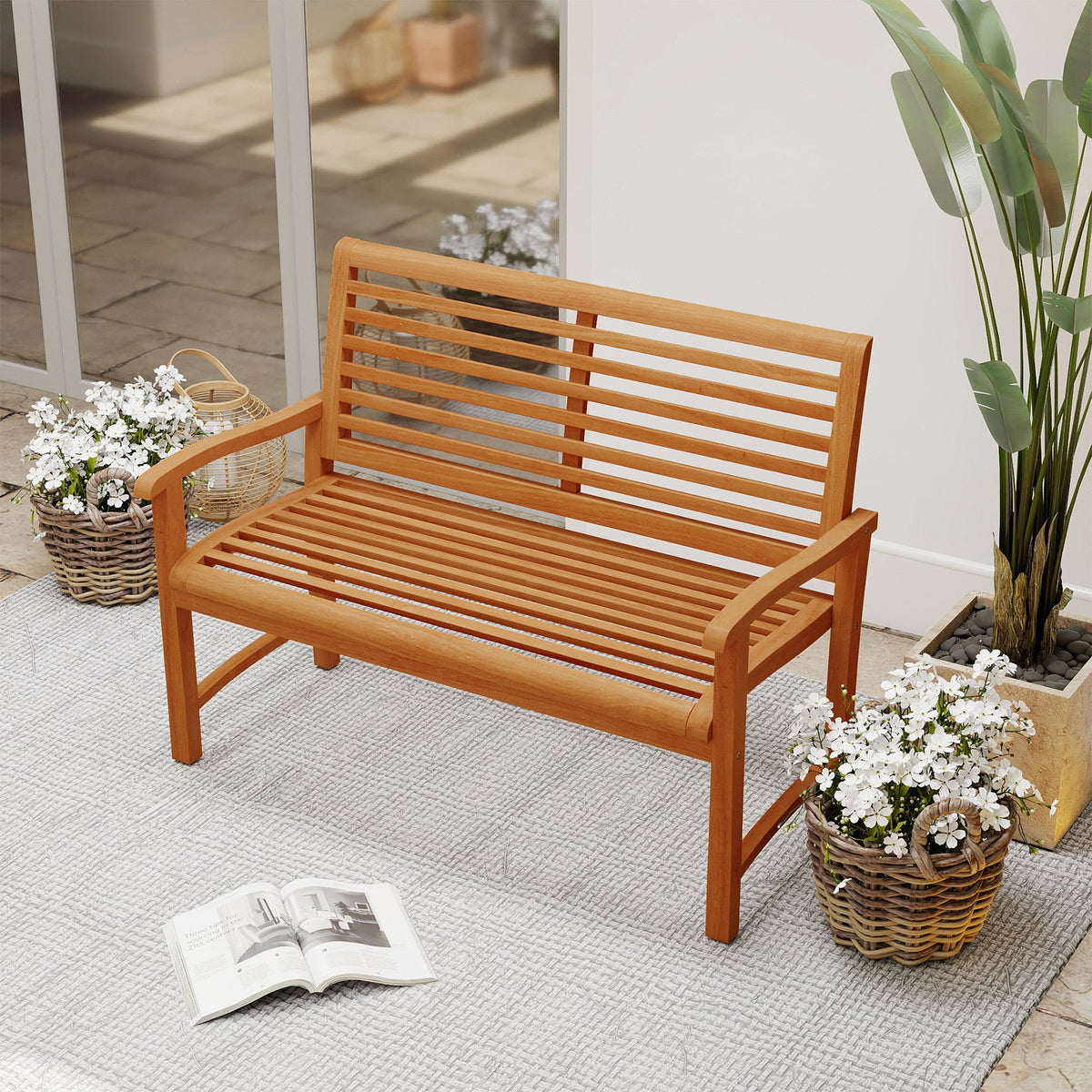 Teak Wood Outdoor Garden Bench with Slatted Backrest and Seat
