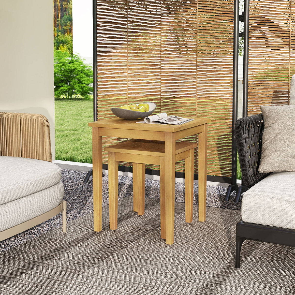 2 Pieces Space Saving Design Teak Wood Outdoor Patio Nesting Table