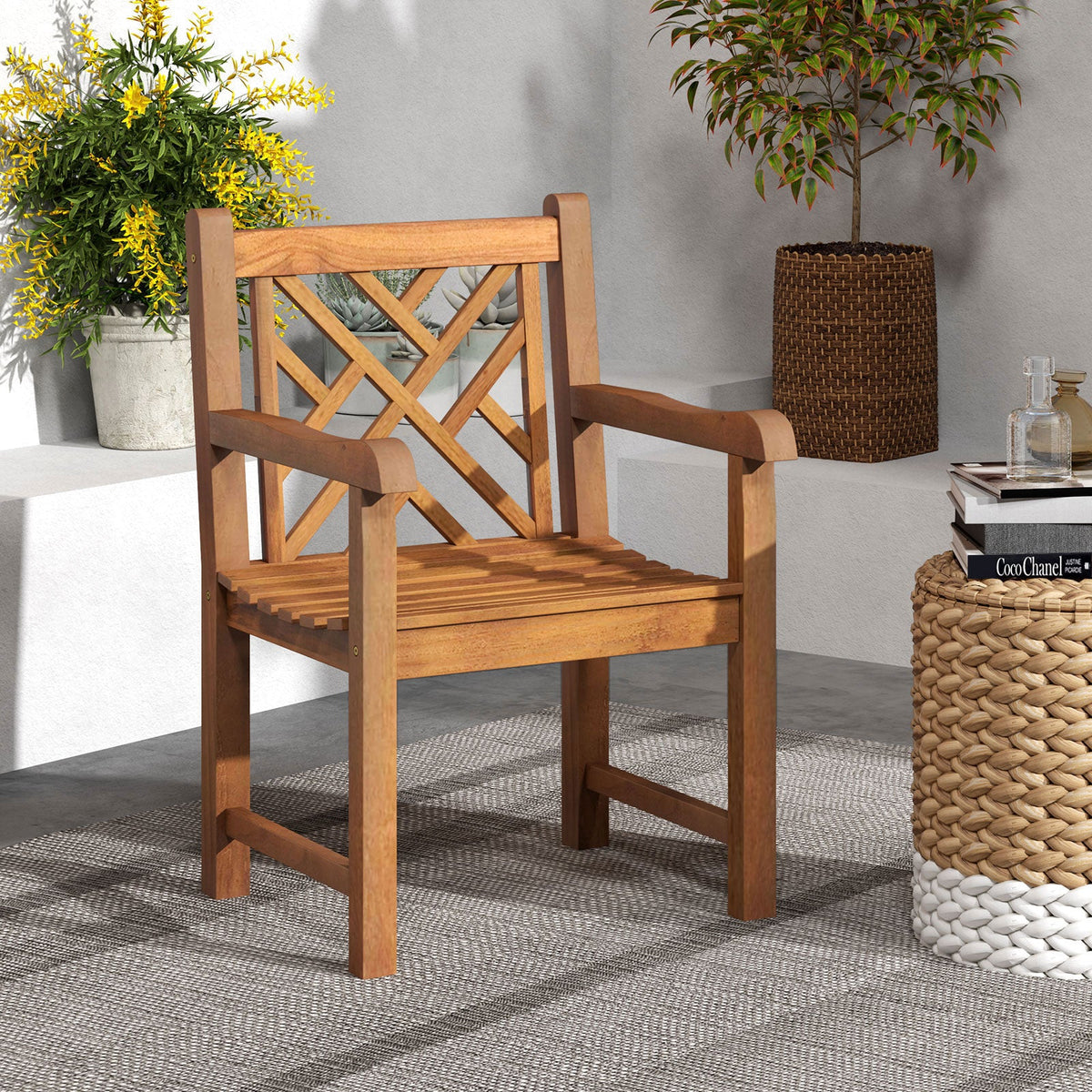 Teak Wood Patio Dining Chair with Slatted Seat Cross-Rhombus Backrest and Solid Legs