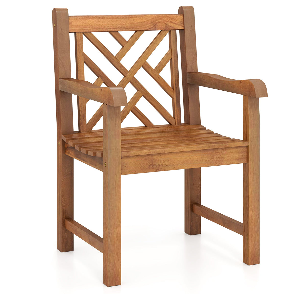 Teak Wood Patio Dining Chair with Slatted Seat Cross-Rhombus Backrest and Solid Legs