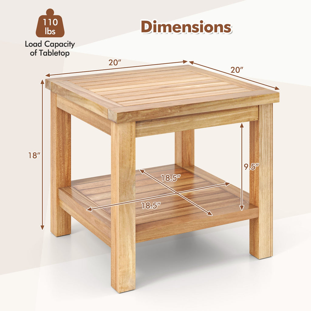 Teak Wood Square Side Table with Open Shelf for Small Space