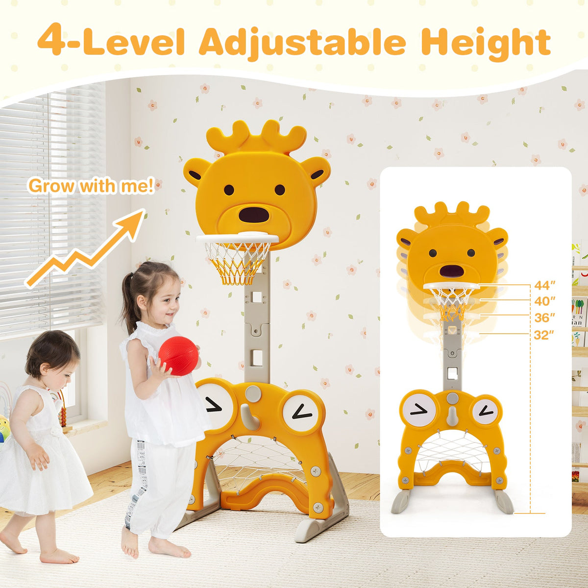 4-in-1 Toddler Height Adjustable Basketball Hoop with Ring Toss for 3+ Kids