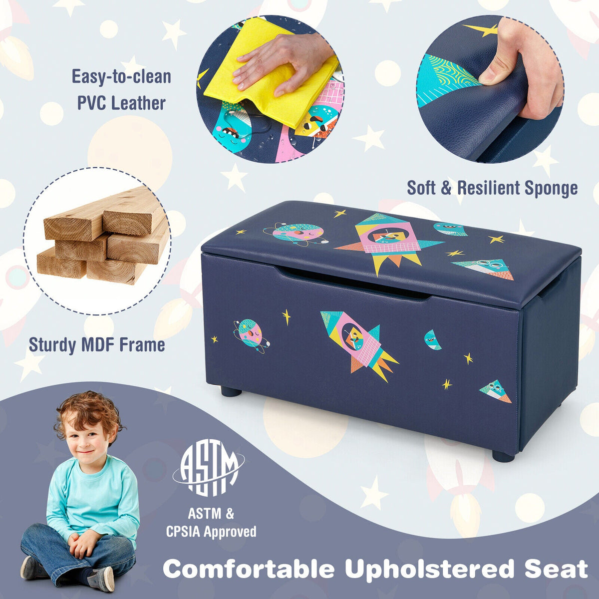 Kids Wooden Upholstered Toy Storage Box with Removable Lid-Navy