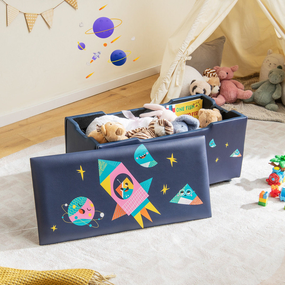 Kids Wooden Upholstered Toy Storage Box with Removable Lid-Navy