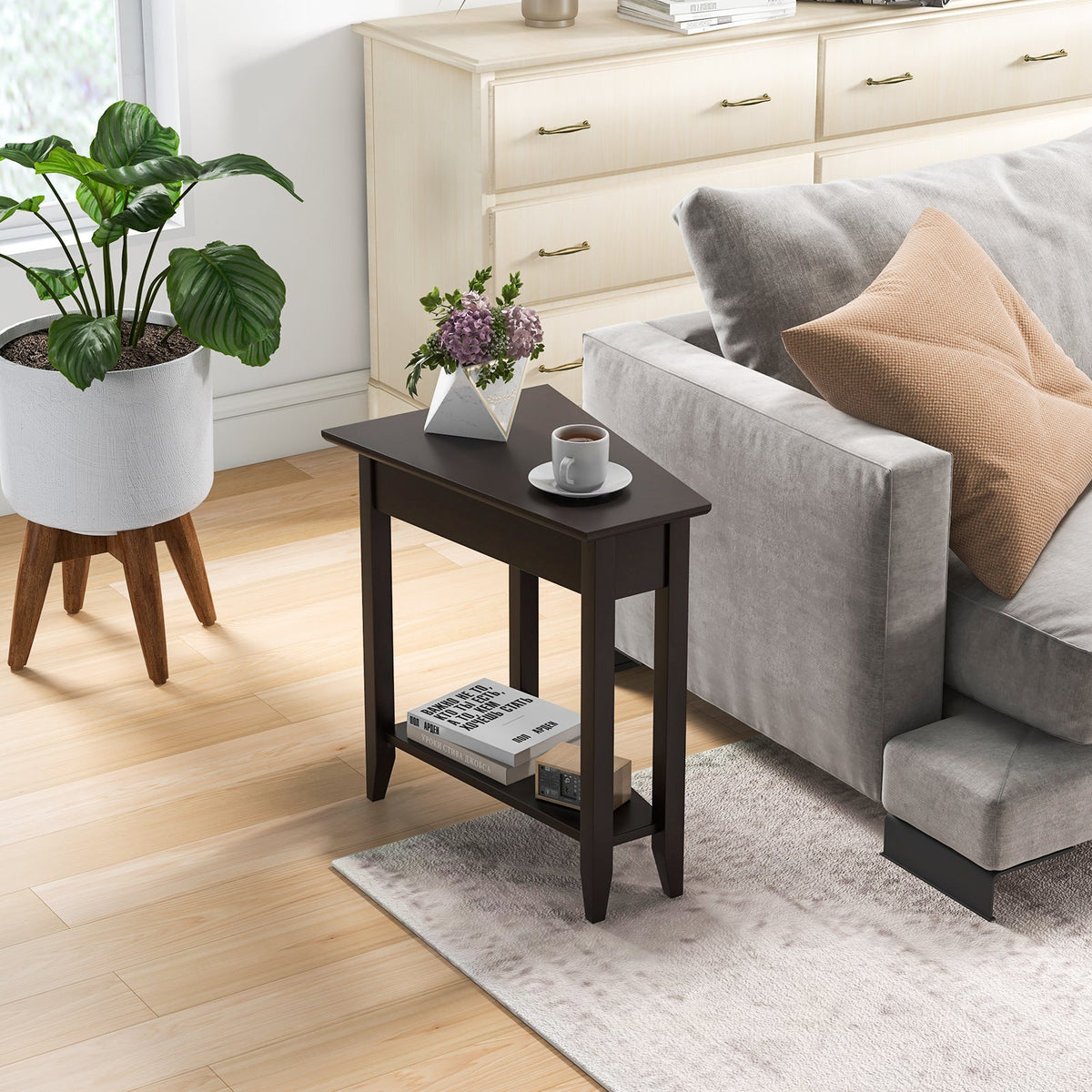 2-Tier Wedge Narrow End Table with Storage Shelf and Solid Wood Legs