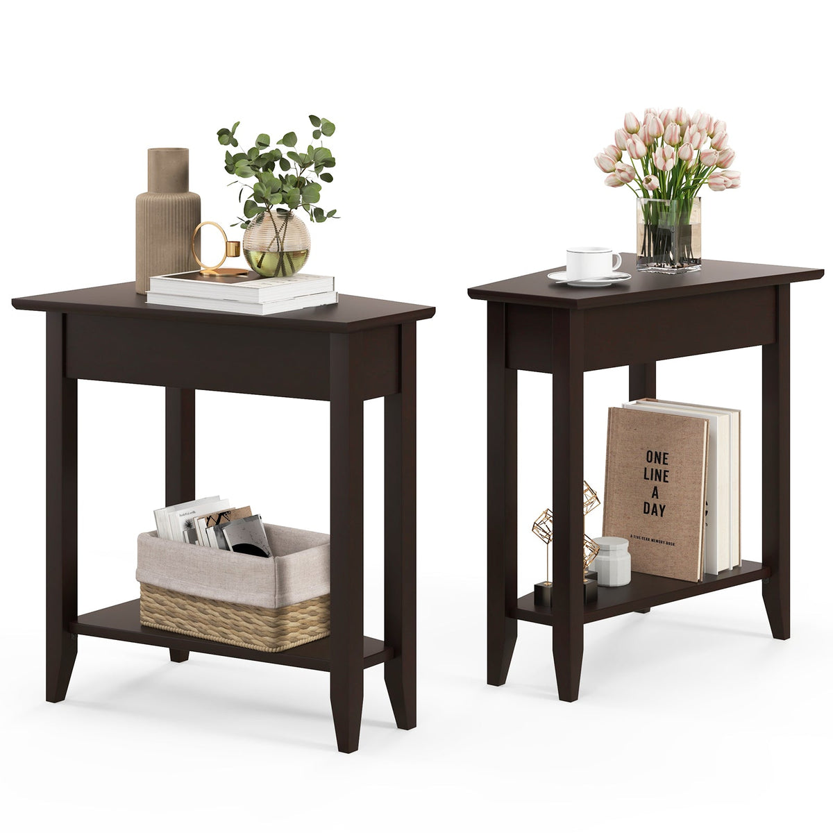 2-Tier Wedge Narrow End Table with Storage Shelf and Solid Wood Legs