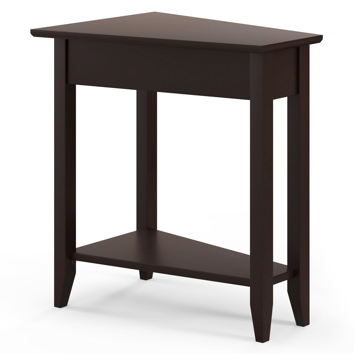 2-Tier Wedge Narrow End Table with Storage Shelf and Solid Wood Legs