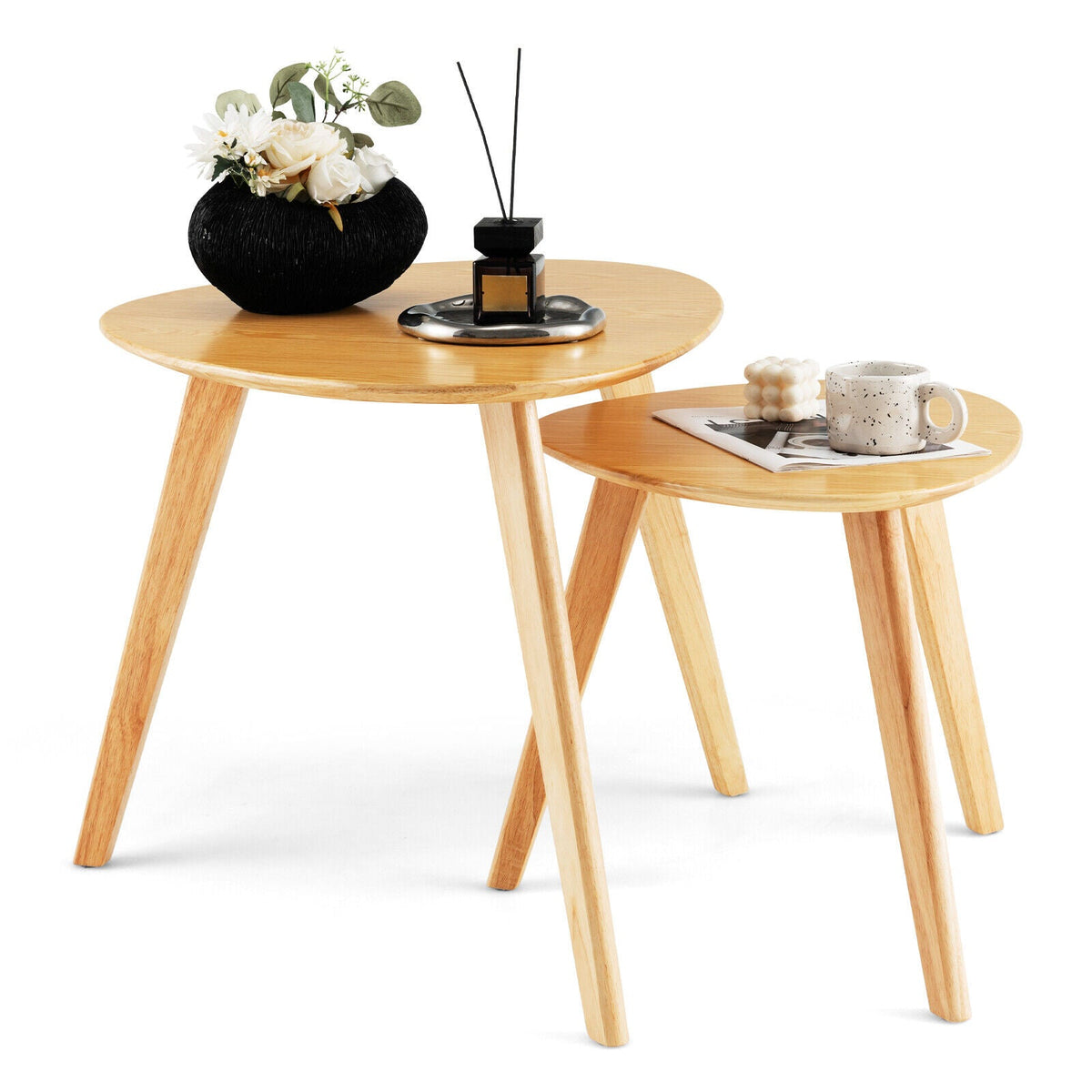 Set of 2 Triangle Modern Coffee Table Rubber Wood for Living Room-Natural