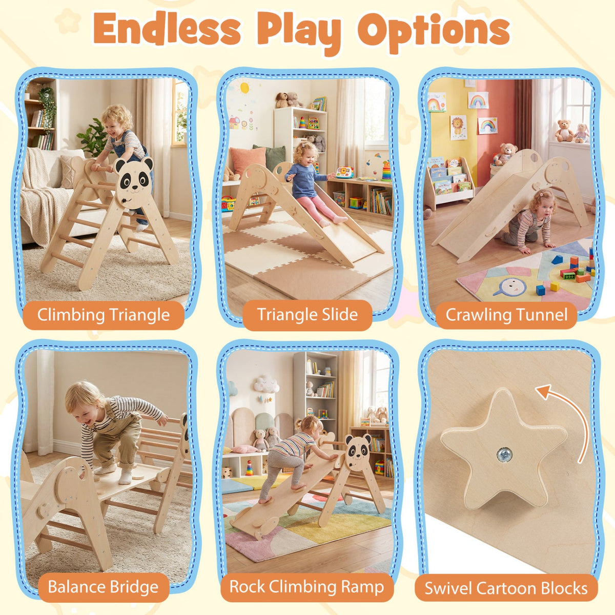 Triangle Set Foldable Kids Climbing Toys Panda-Themed Wood Montessori Climbing Set