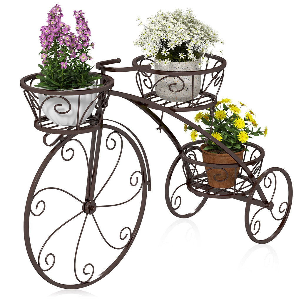Tricycle Plant Stand Flower Pot Cart Holder with 3 Hollowed Baskets