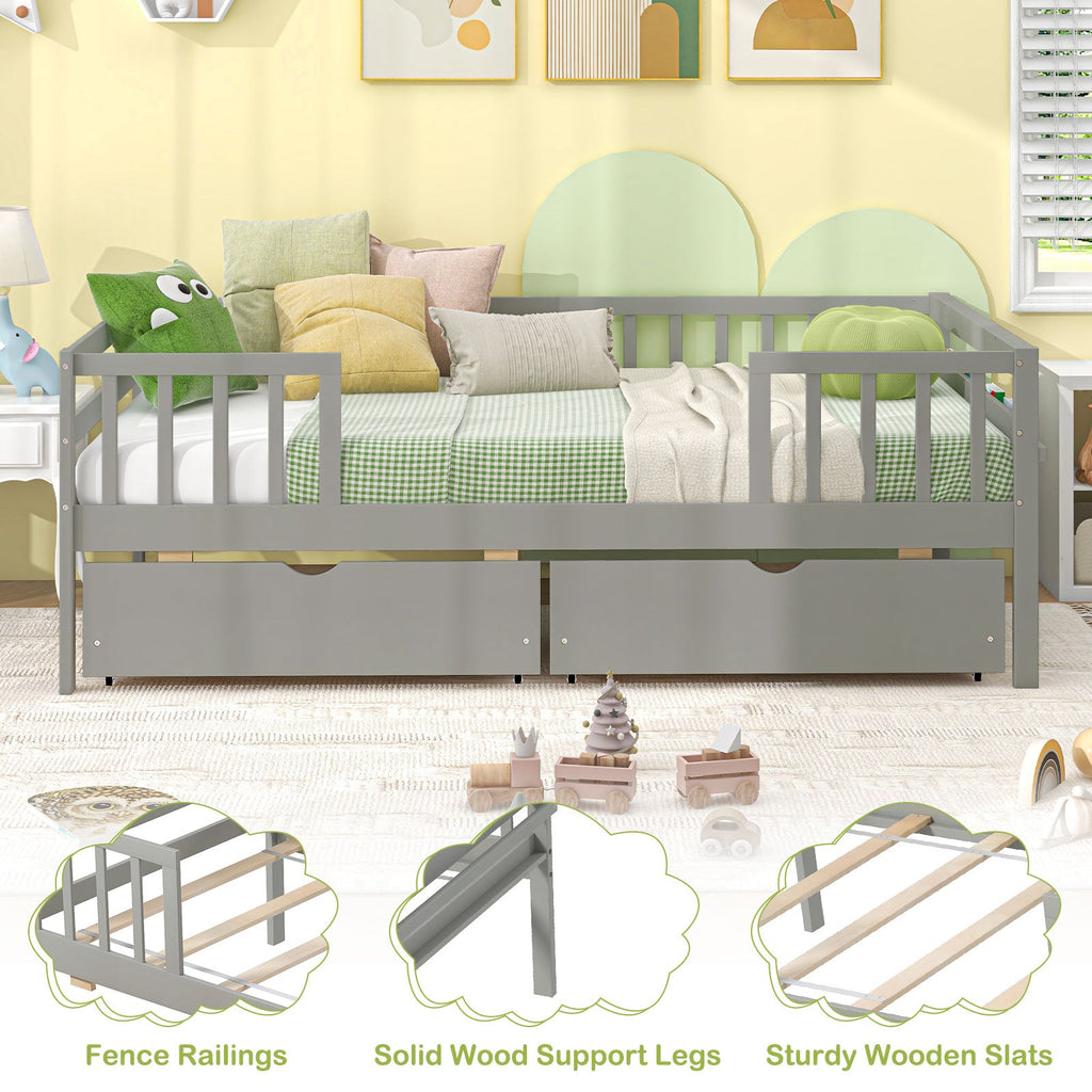 Twin Daybed with Fence and 2 Drawers Kids Bed for Boys & Girls