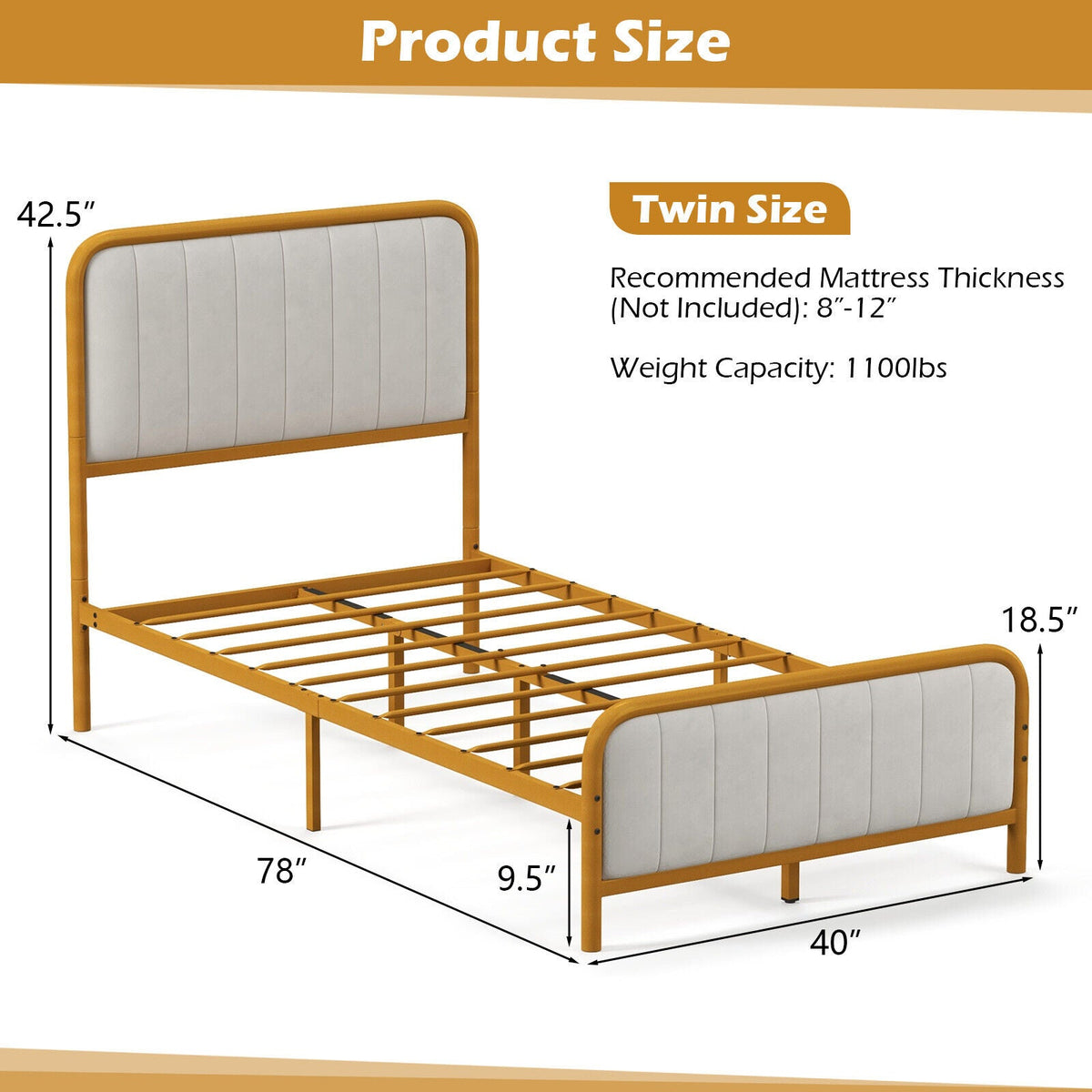 Upholstered Gold Platform Bed Frame with Velvet Headboard