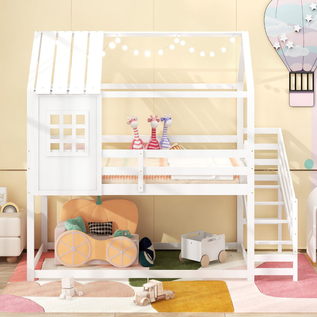 Twin House Bed with Stairs and Roof for Kids-White