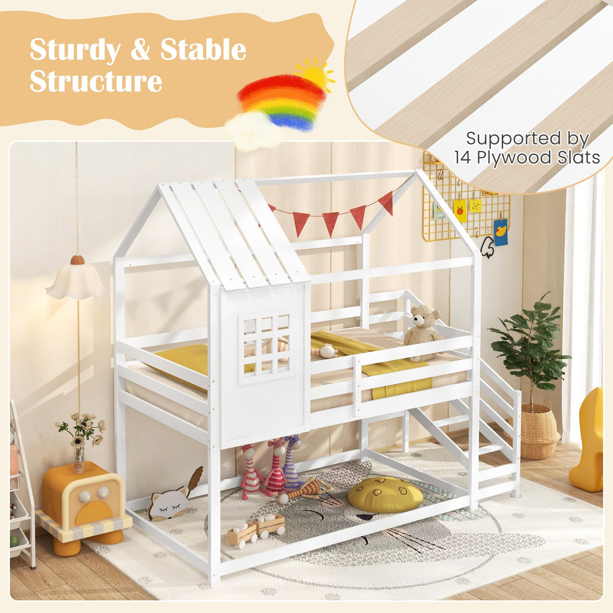 Twin House Bed with Stairs and Roof for Kids-White