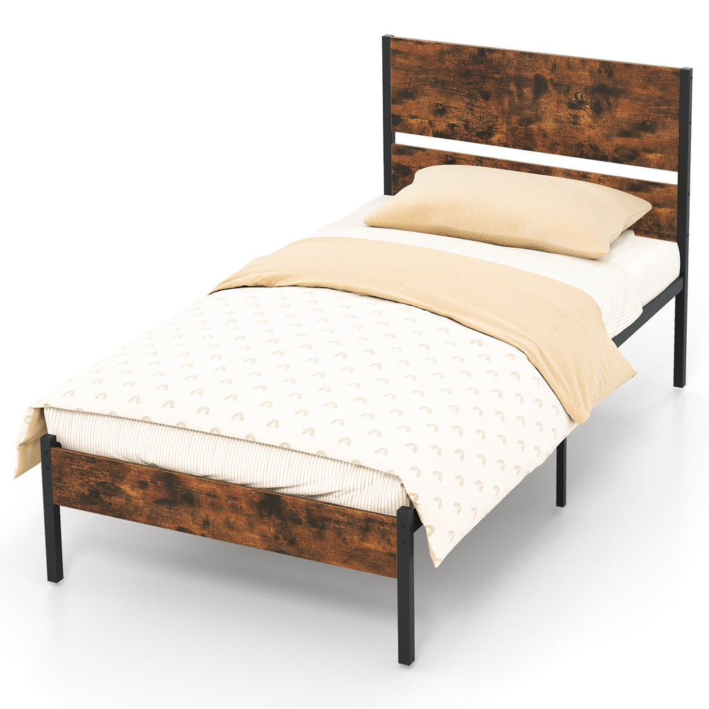 Twin/Full/Queen/King Metal Bed Frame with Wooden Headboard and Footboard-Twin Size