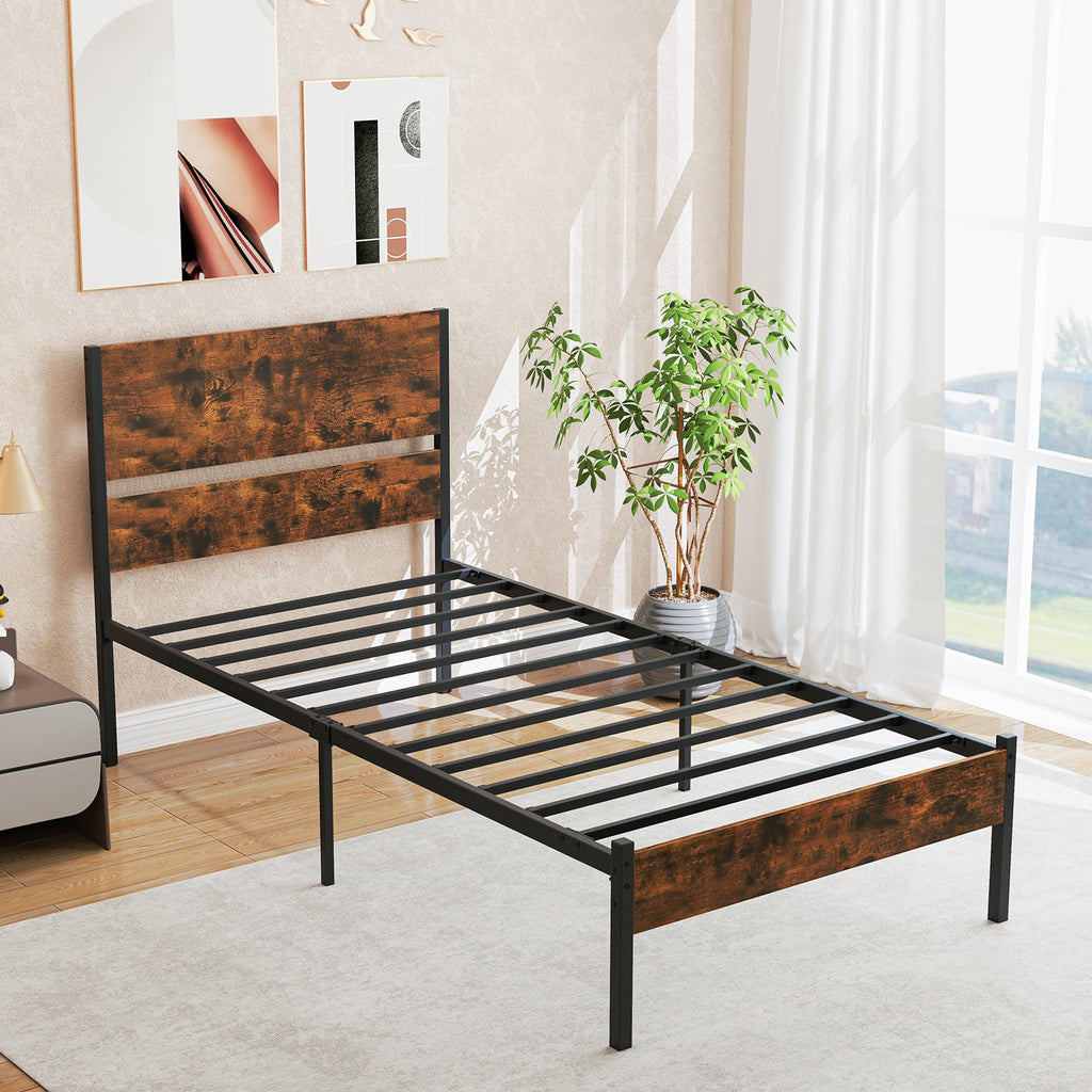 Twin/Full/Queen/King Metal Bed Frame with Wooden Headboard and Footboard-Twin Size