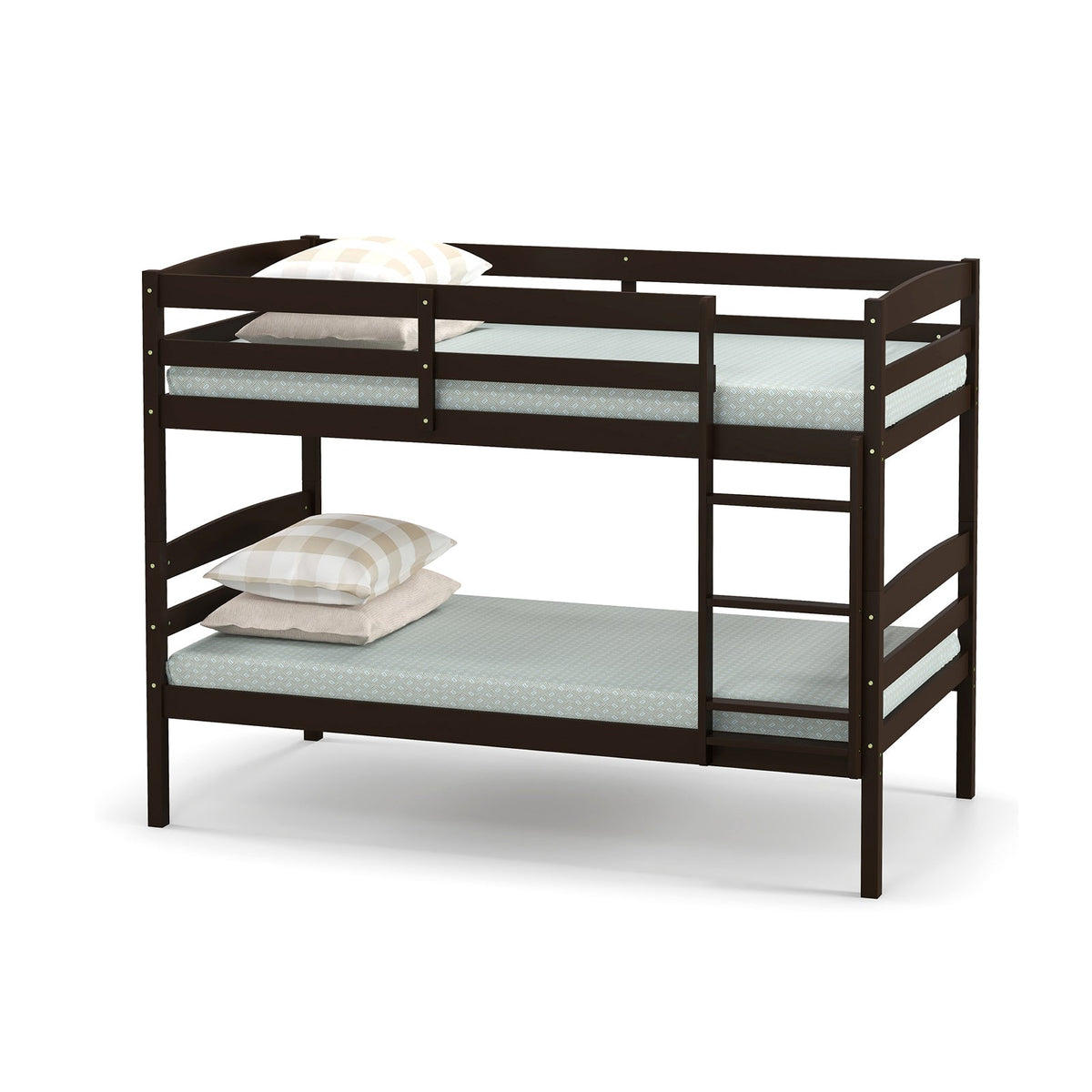 Solid Wood Twin Over Twin Bunk Bed Frame with High Guardrails and Integrated Ladder