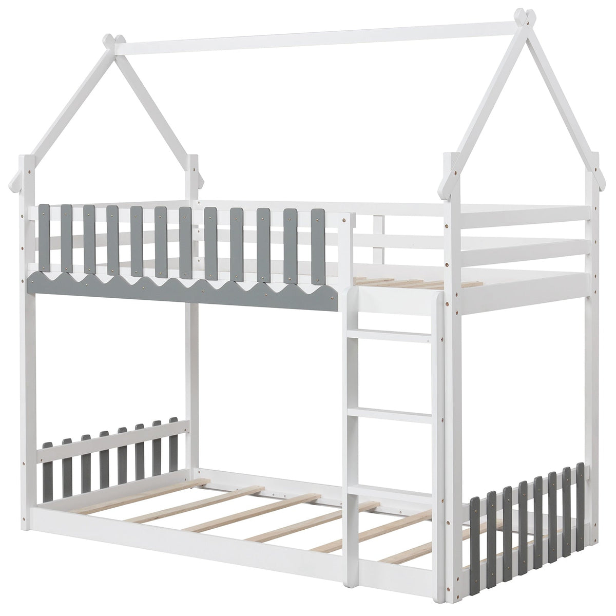 Twin Over Twin Bunk Bed with Fence and Ladder for Kids