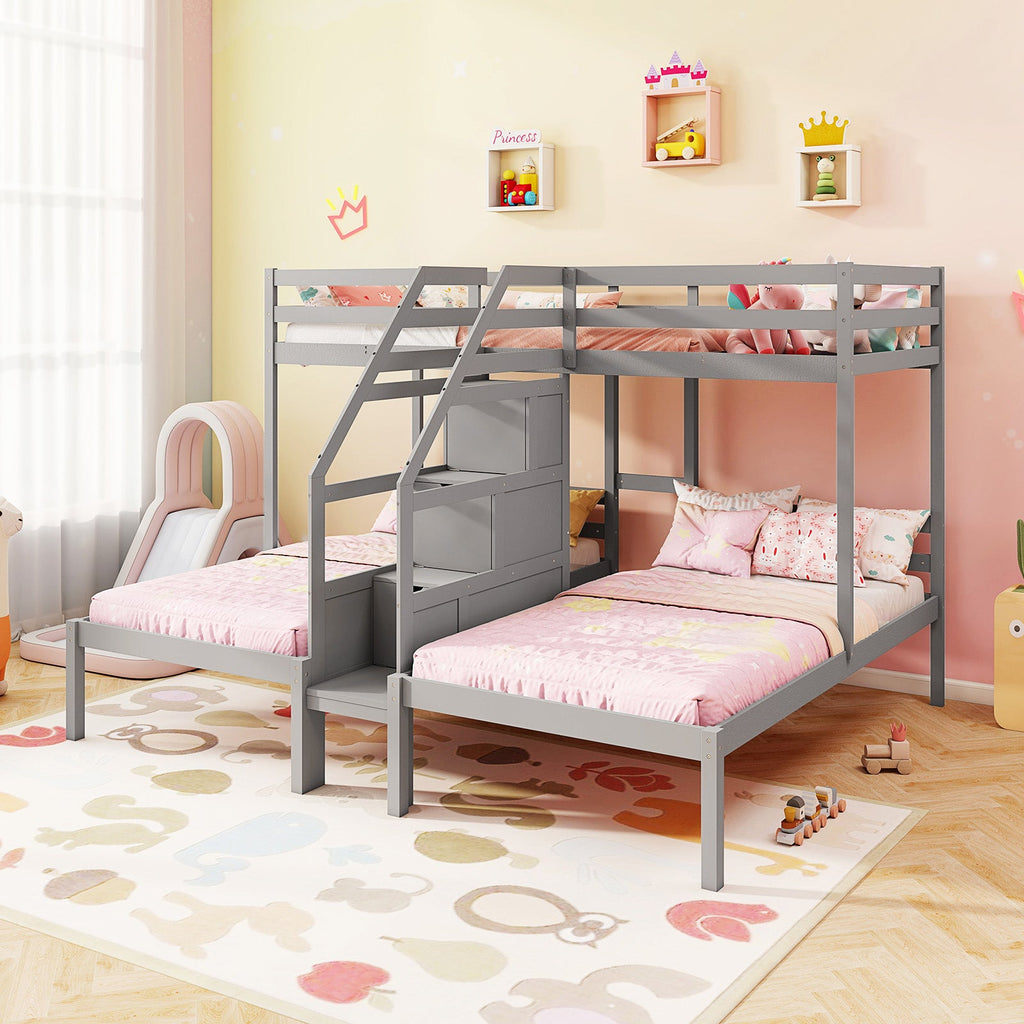 Twin Over Twin and Twin Bunk Bed with Storage Staircase and Guardrail for 3 Kids Teens