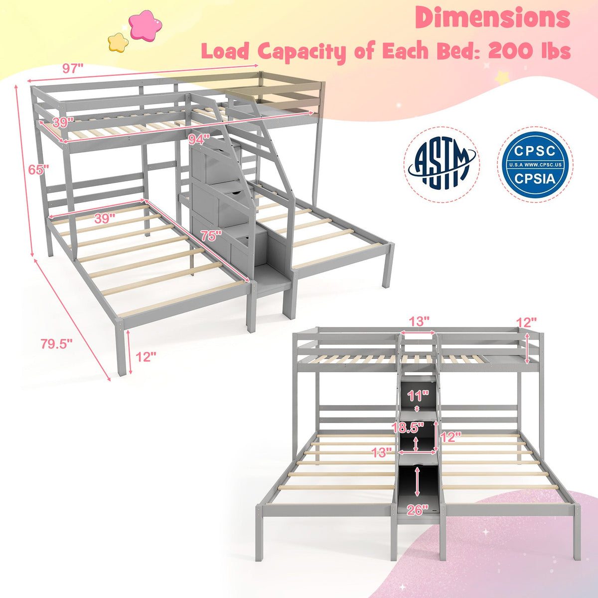 Twin Over Twin and Twin Bunk Bed with Storage Staircase and Guardrail for 3 Kids Teens
