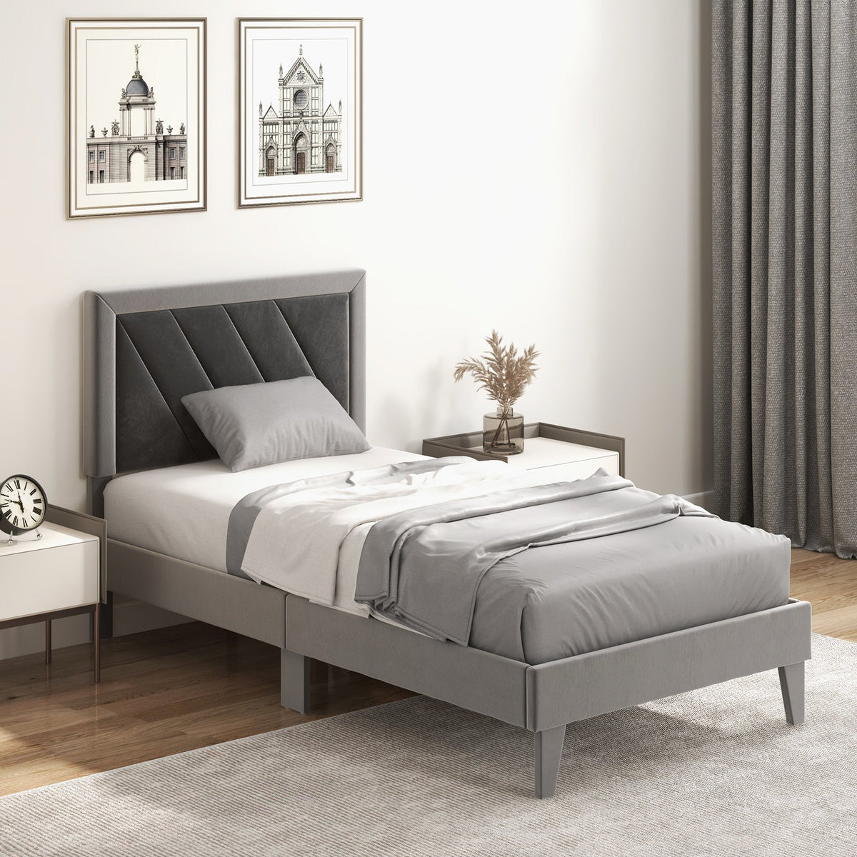 Twin/Full/Queen Platform Bed with High Headboard and Wooden Slats