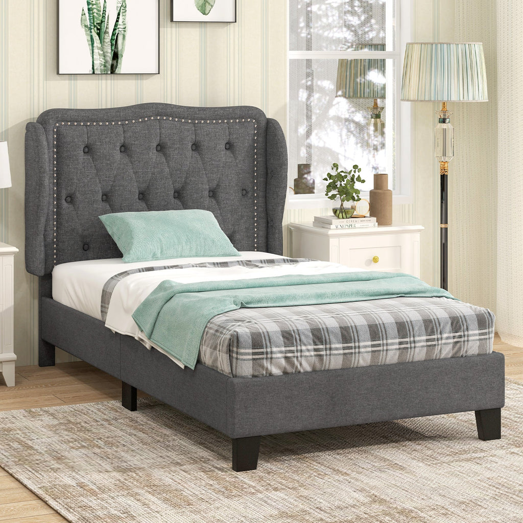 Twin Size Bed Frame with Button Tufted Wingback Headboard and Storage Space-Gray