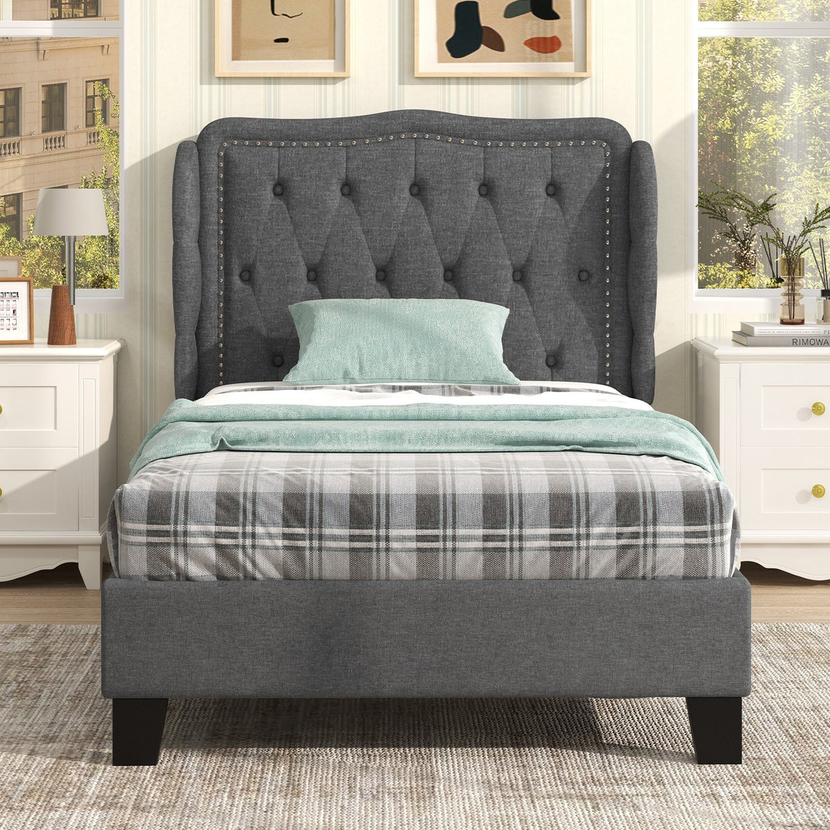 Twin Size Bed Frame with Button Tufted Wingback Headboard and Storage Space-Gray