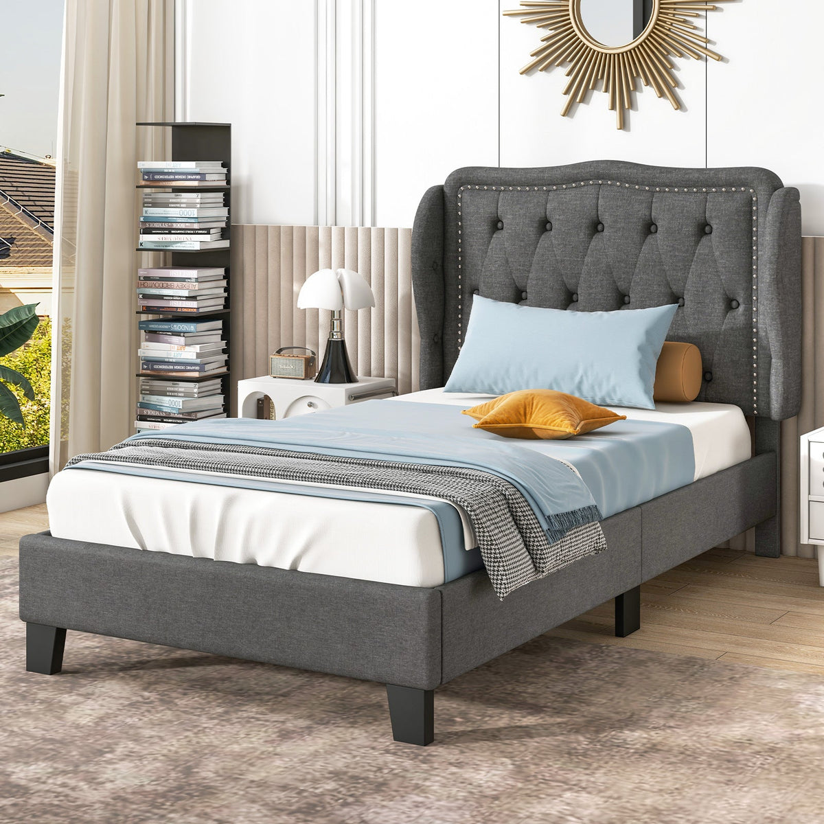 Twin Size Bed Frame with Button Tufted Wingback Headboard and Storage Space-Gray