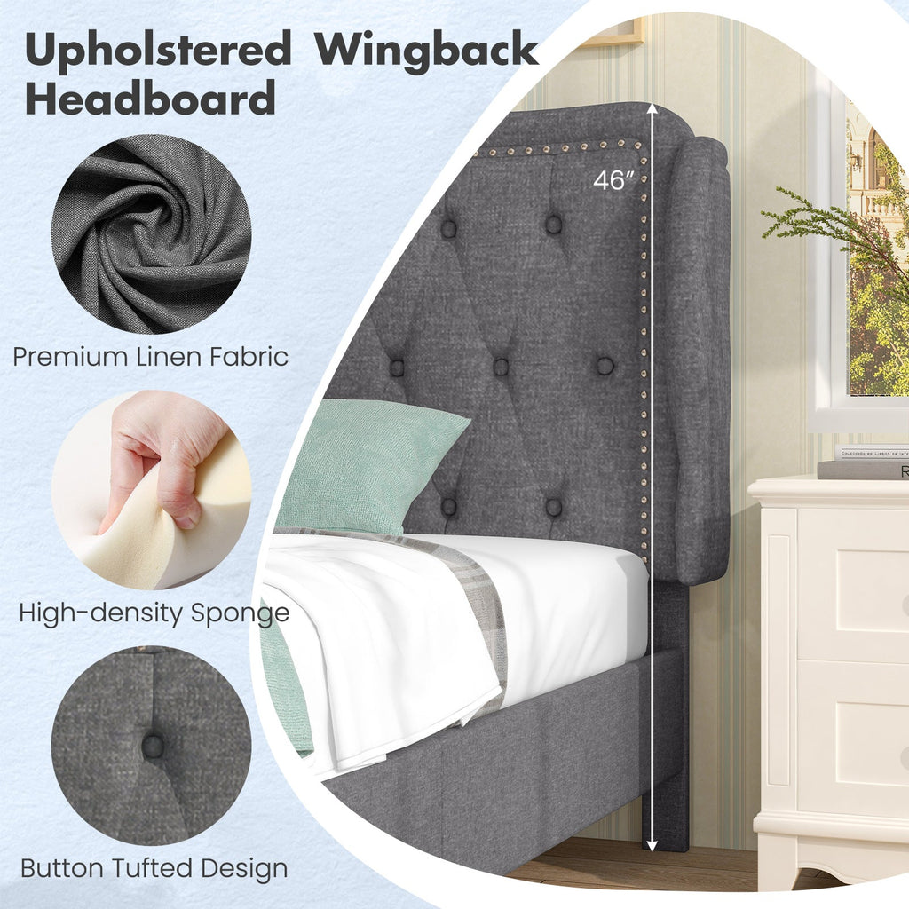 Twin Size Bed Frame with Button Tufted Wingback Headboard and Storage Space-Gray