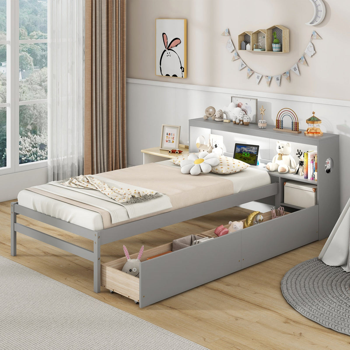 Twin Size Bed Frame with LED Light and Bookcase Headboard