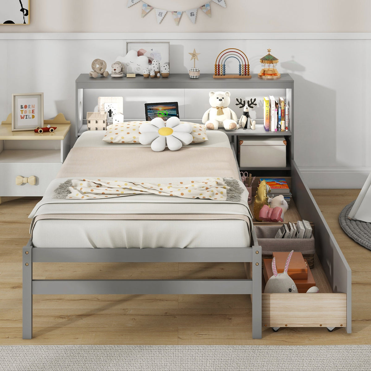 Twin Size Bed Frame with LED Light and Bookcase Headboard