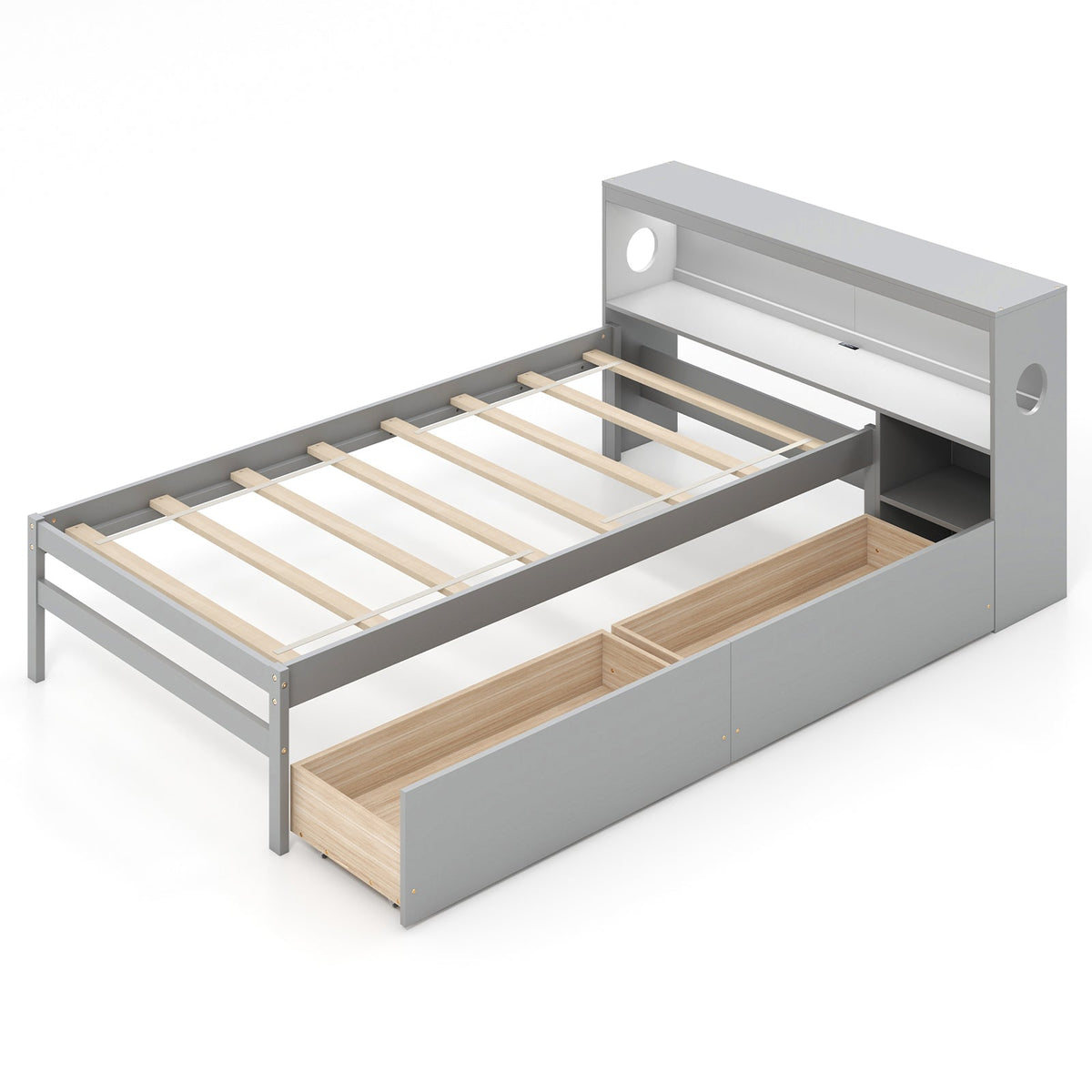 Twin Size Bed Frame with LED Light and Bookcase Headboard
